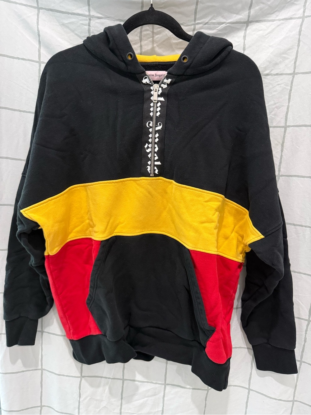 Palm Angels Unisex Hooded Pullover Sweatshirt in Black, Yellow & Red